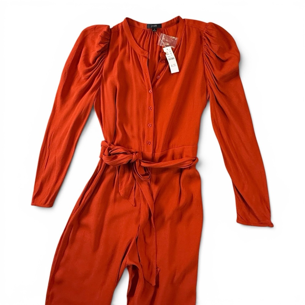 J Crew NWT Size 8 Holiday Red Drapey Puff-Sleeve Party-Perfect Jumpsuit - Picture 6 of 8